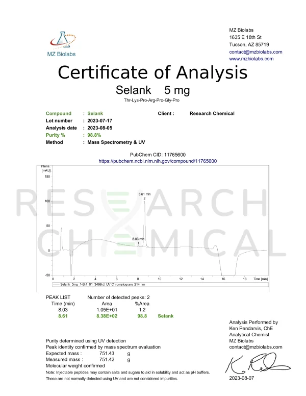 Selank 5mg COA Research Chemical